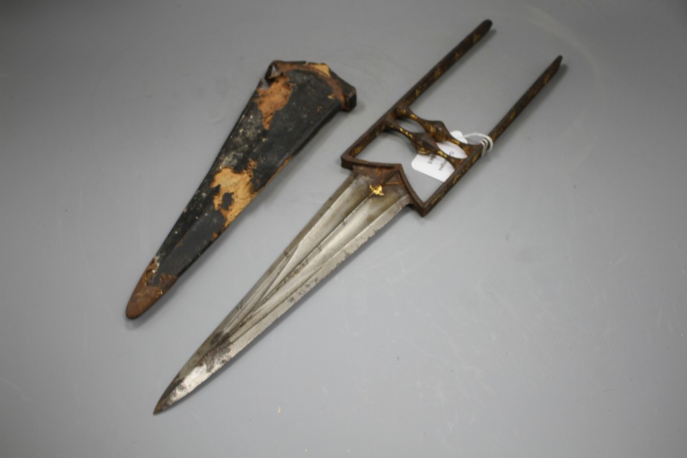 An Indian dagger katar, 17th century, finely watered steel blade 26cms gold inlaid at the root,